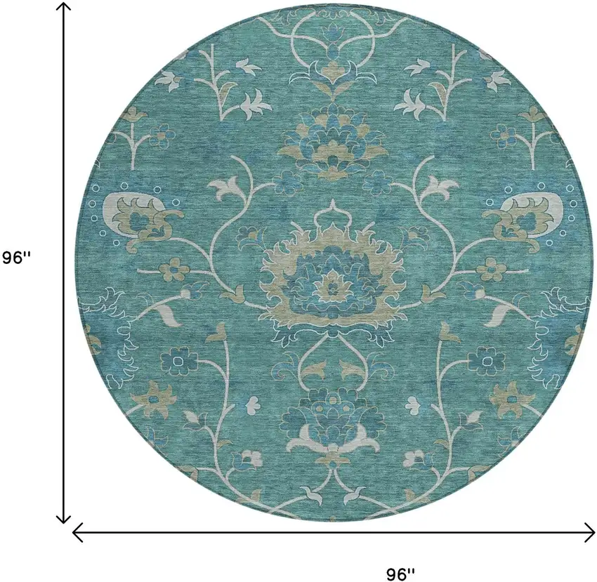 8' Teal Blue And Ivory Round Floral Washable Indoor Outdoor Area Rug Photo 3