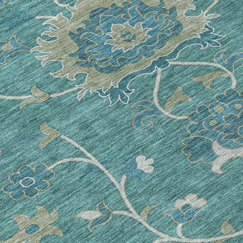 8' Teal Blue And Ivory Round Floral Washable Indoor Outdoor Area Rug Photo 7