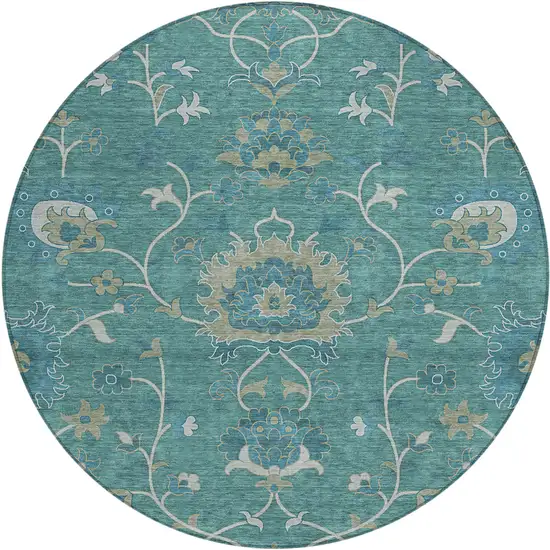 8' Teal Blue And Ivory Round Floral Washable Indoor Outdoor Area Rug Photo 2