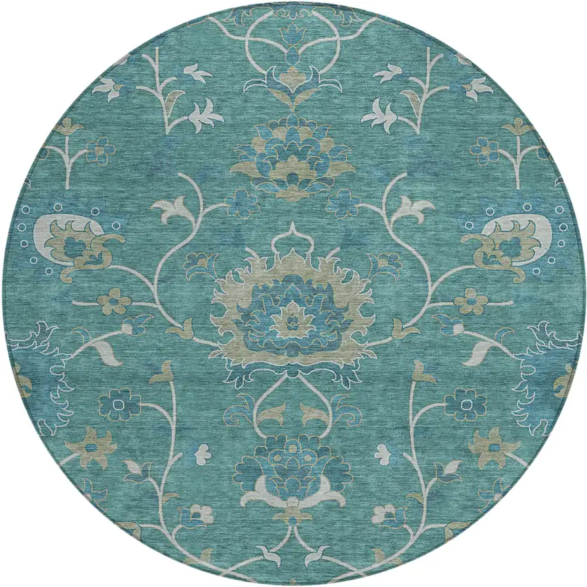 8' Teal Blue And Ivory Round Floral Washable Indoor Outdoor Area Rug Photo 2