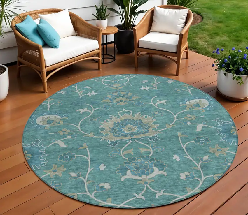 8' Teal Blue And Ivory Round Floral Washable Indoor Outdoor Area Rug Photo 1