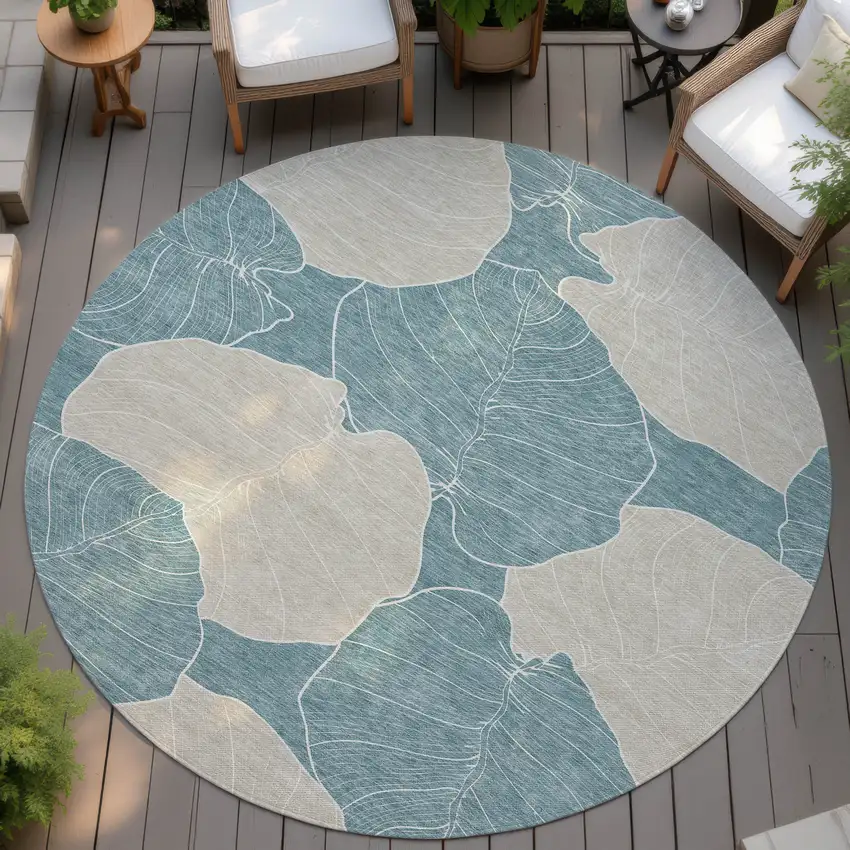 8' Teal Blue And Ivory Round Floral Washable Indoor Outdoor Area Rug Photo 4
