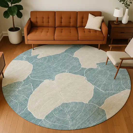 8' Teal Blue And Ivory Round Floral Washable Indoor Outdoor Area Rug Photo 5