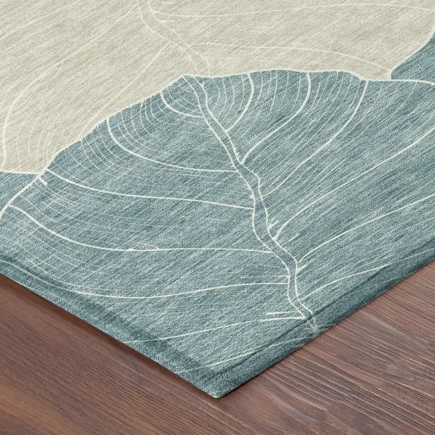 8' Teal Blue And Ivory Round Floral Washable Indoor Outdoor Area Rug Photo 6