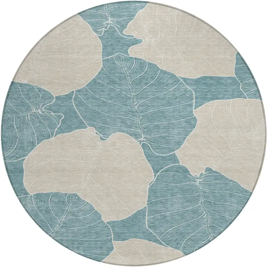 8' Teal Blue And Ivory Round Floral Washable Indoor Outdoor Area Rug Photo 1