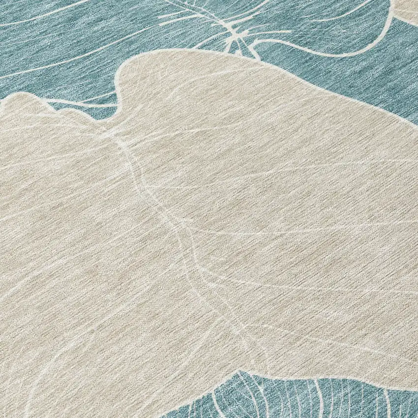 8' Teal Blue And Ivory Round Floral Washable Indoor Outdoor Area Rug Photo 7