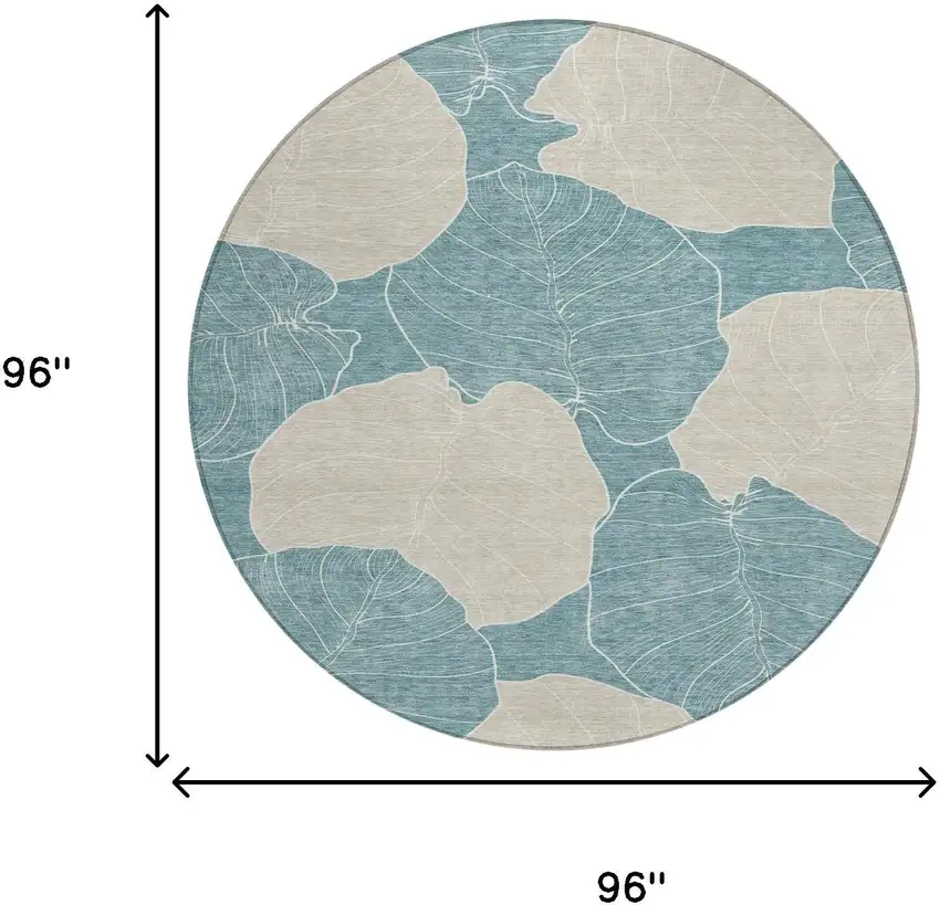 8' Teal Blue And Ivory Round Floral Washable Indoor Outdoor Area Rug Photo 8