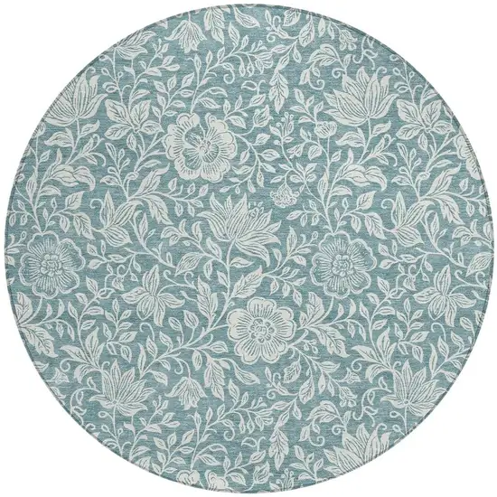 8' Teal Blue And Ivory Round Floral Washable Indoor Outdoor Area Rug Photo 3