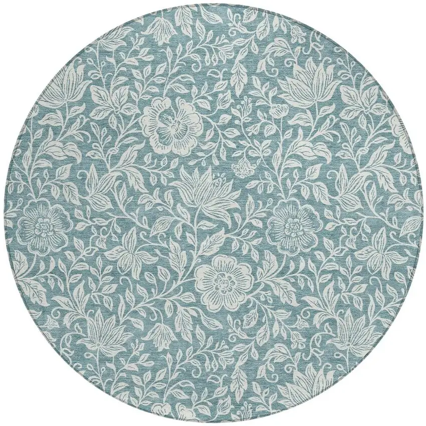 8' Teal Blue And Ivory Round Floral Washable Indoor Outdoor Area Rug Photo 3