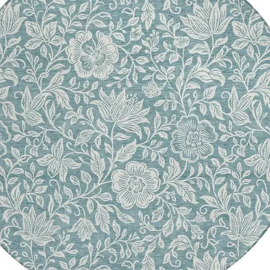 8' Teal Blue And Ivory Round Floral Washable Indoor Outdoor Area Rug Photo 2