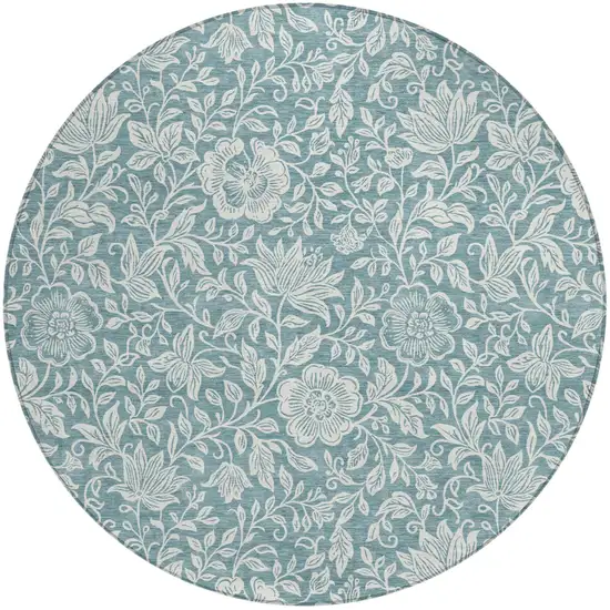 8' Teal Blue And Ivory Round Floral Washable Indoor Outdoor Area Rug Photo 1