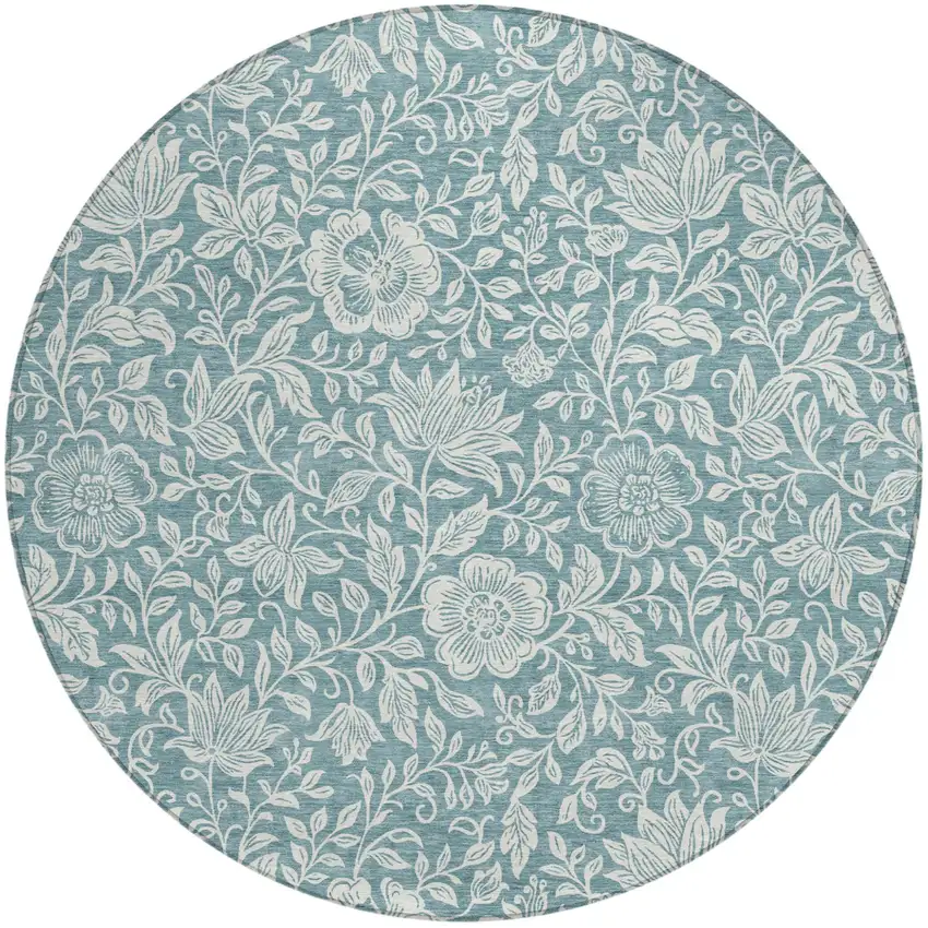 8' Teal Blue And Ivory Round Floral Washable Indoor Outdoor Area Rug Photo 1