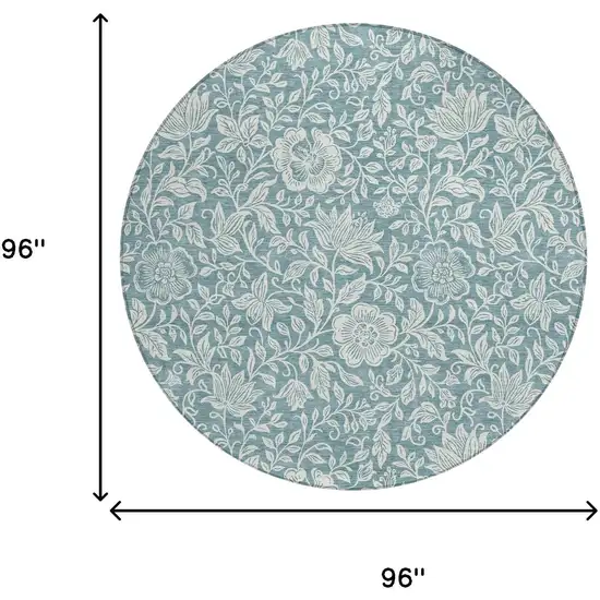 8' Teal Blue And Ivory Round Floral Washable Indoor Outdoor Area Rug Photo 6