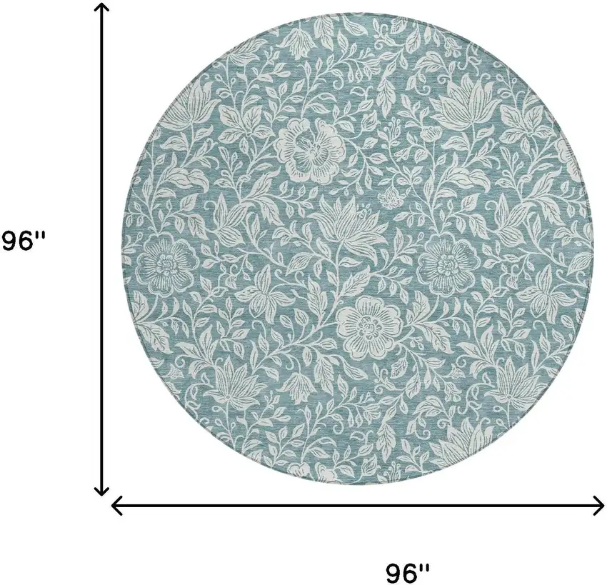 8' Teal Blue And Ivory Round Floral Washable Indoor Outdoor Area Rug Photo 6
