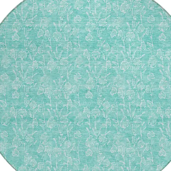 8' Teal Blue And Ivory Round Floral Washable Indoor Outdoor Area Rug Photo 5