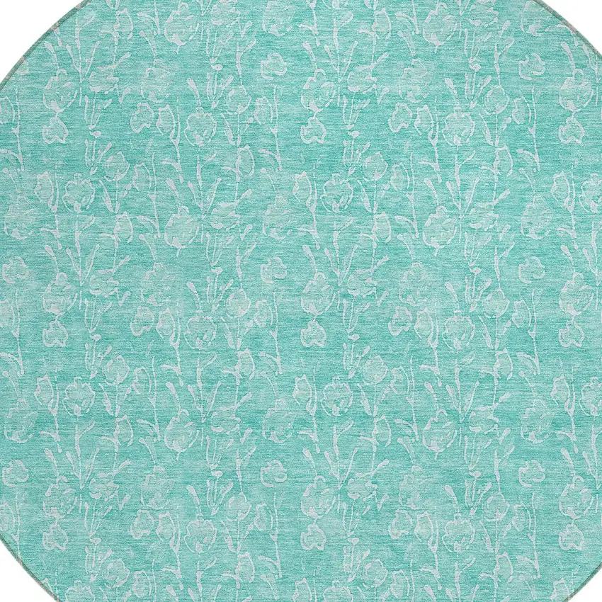 8' Teal Blue And Ivory Round Floral Washable Indoor Outdoor Area Rug Photo 5