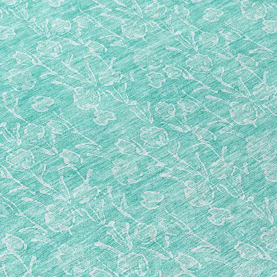 8' Teal Blue And Ivory Round Floral Washable Indoor Outdoor Area Rug Photo 9