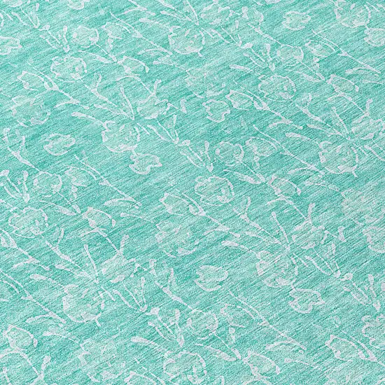 8' Teal Blue And Ivory Round Floral Washable Indoor Outdoor Area Rug Photo 9