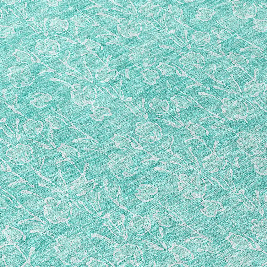 8' Teal Blue And Ivory Round Floral Washable Indoor Outdoor Area Rug Photo 9