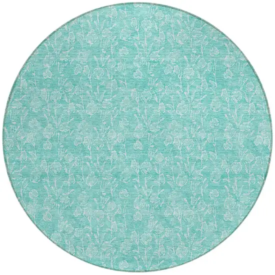 8' Teal Blue And Ivory Round Floral Washable Indoor Outdoor Area Rug Photo 6