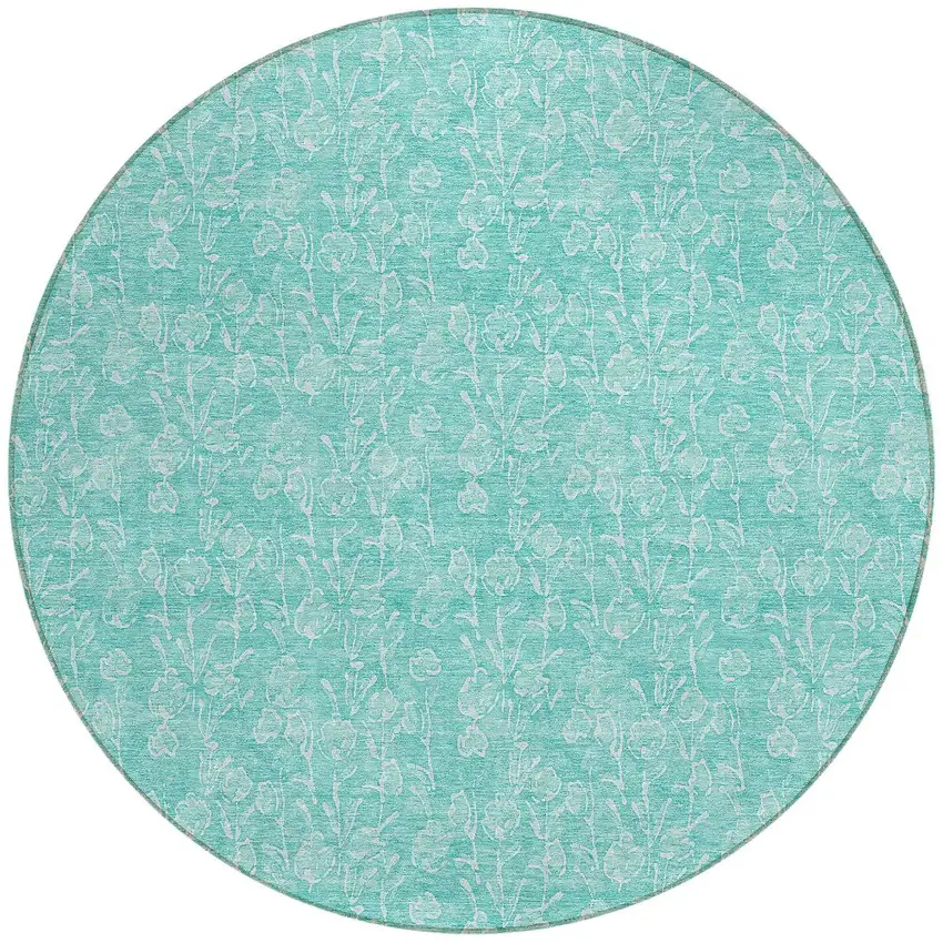 8' Teal Blue And Ivory Round Floral Washable Indoor Outdoor Area Rug Photo 6