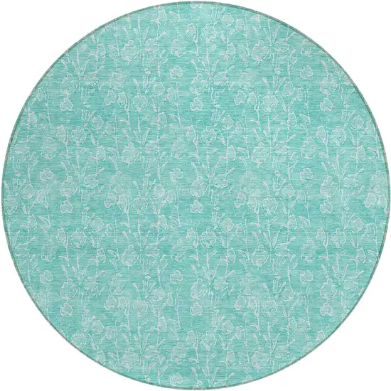 8' Teal Blue And Ivory Round Floral Washable Indoor Outdoor Area Rug Photo 2