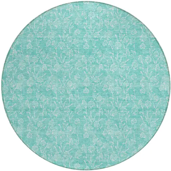 8' Teal Blue And Ivory Round Floral Washable Indoor Outdoor Area Rug Photo 2