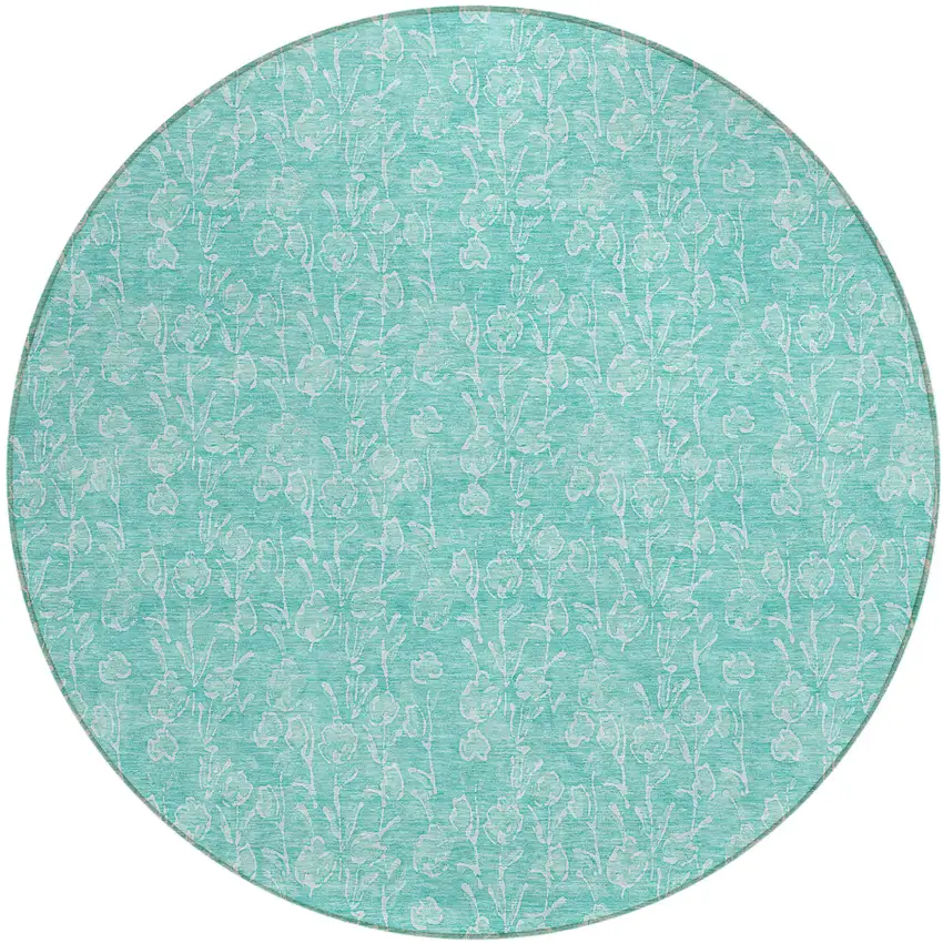 8' Teal Blue And Ivory Round Floral Washable Indoor Outdoor Area Rug Photo 2