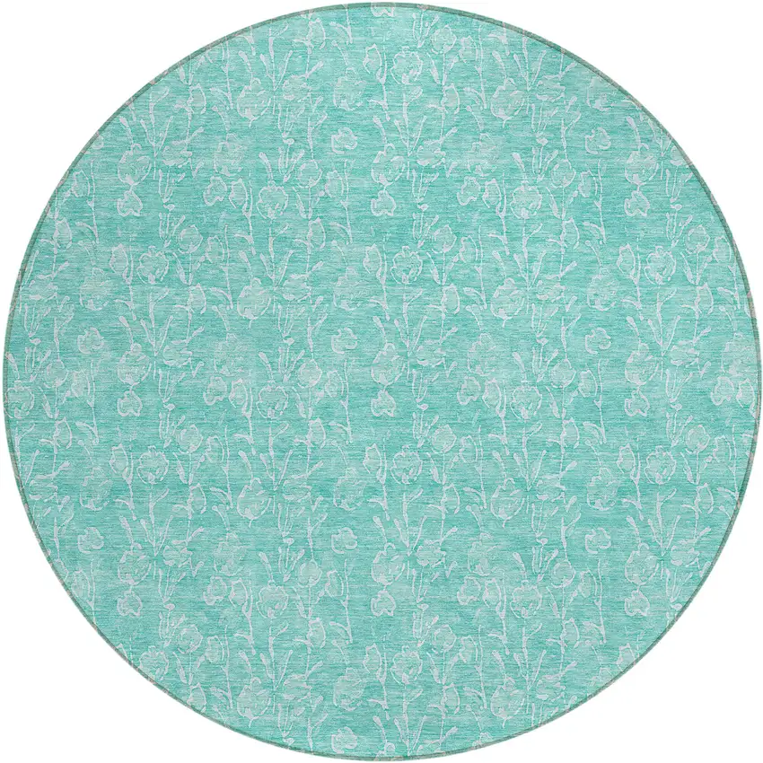8' Teal Blue And Ivory Round Floral Washable Indoor Outdoor Area Rug Photo 2