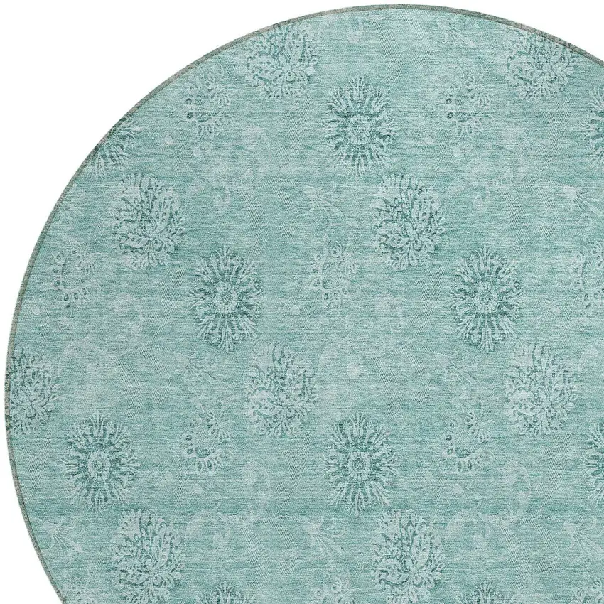 8' Teal Blue And Ivory Round Floral Washable Indoor Outdoor Area Rug Photo 4