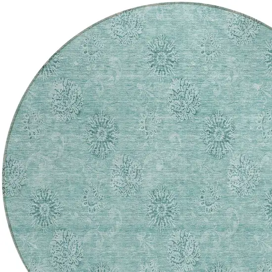 8' Teal Blue And Ivory Round Floral Washable Indoor Outdoor Area Rug Photo 4
