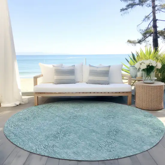 8' Teal Blue And Ivory Round Floral Washable Indoor Outdoor Area Rug Photo 6