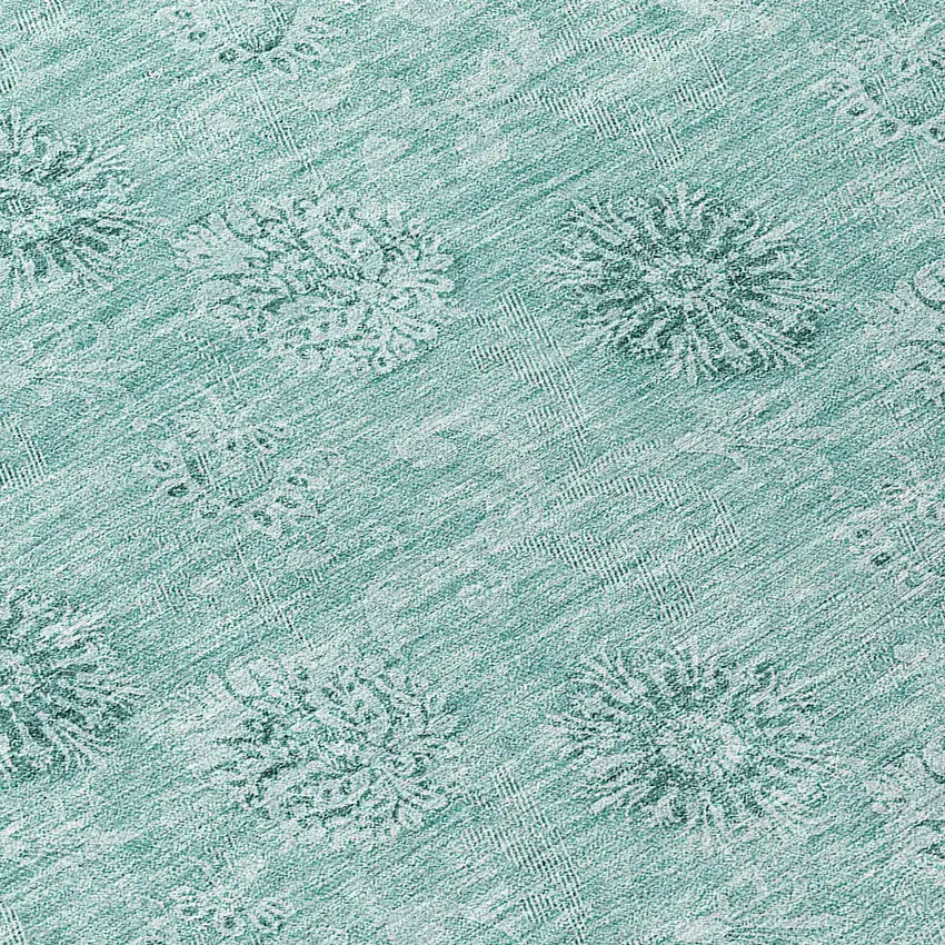 8' Teal Blue And Ivory Round Floral Washable Indoor Outdoor Area Rug Photo 8