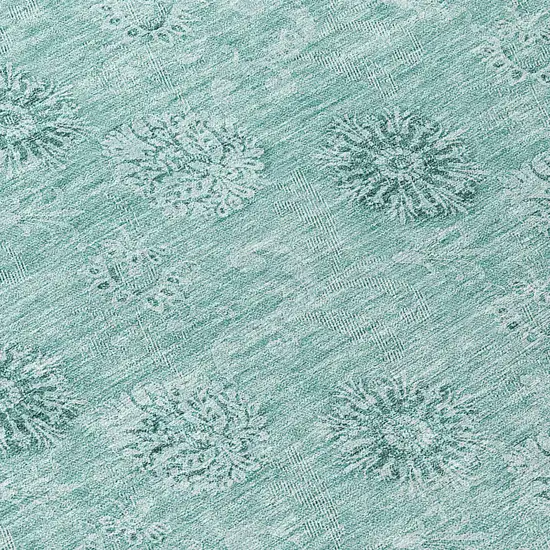 8' Teal Blue And Ivory Round Floral Washable Indoor Outdoor Area Rug Photo 8