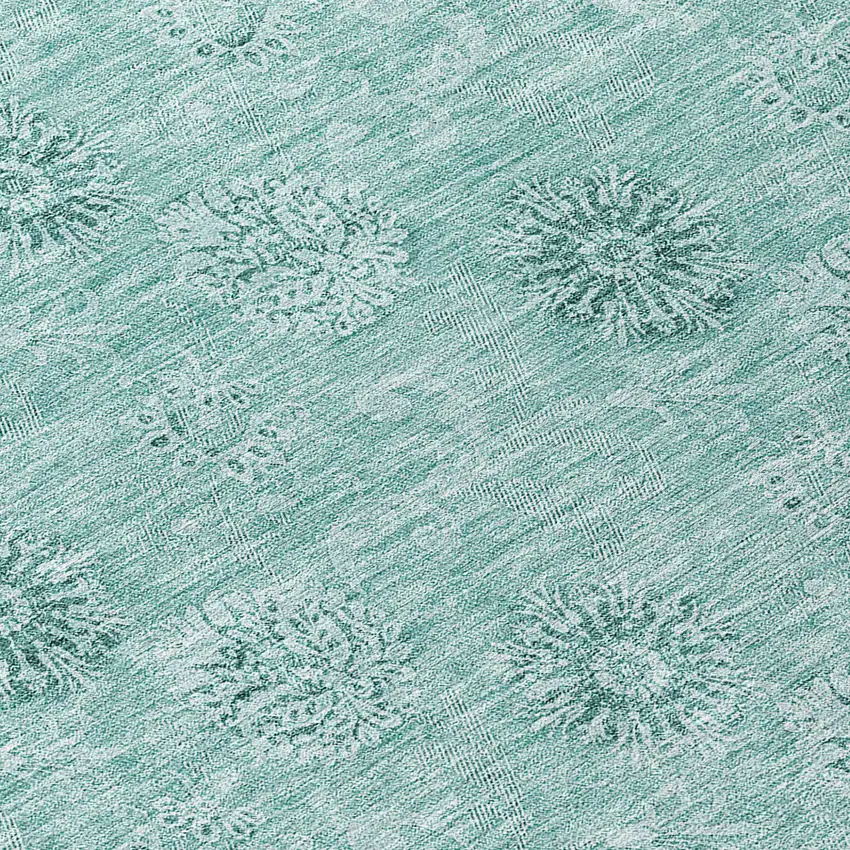 8' Teal Blue And Ivory Round Floral Washable Indoor Outdoor Area Rug Photo 8