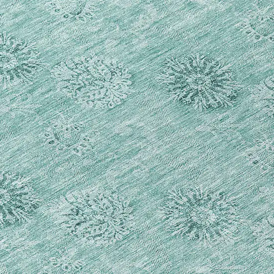 8' Teal Blue And Ivory Round Floral Washable Indoor Outdoor Area Rug Photo 8