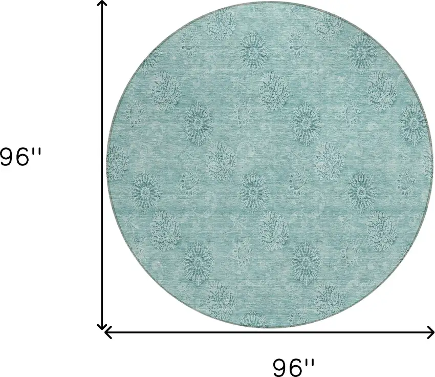 8' Teal Blue And Ivory Round Floral Washable Indoor Outdoor Area Rug Photo 3