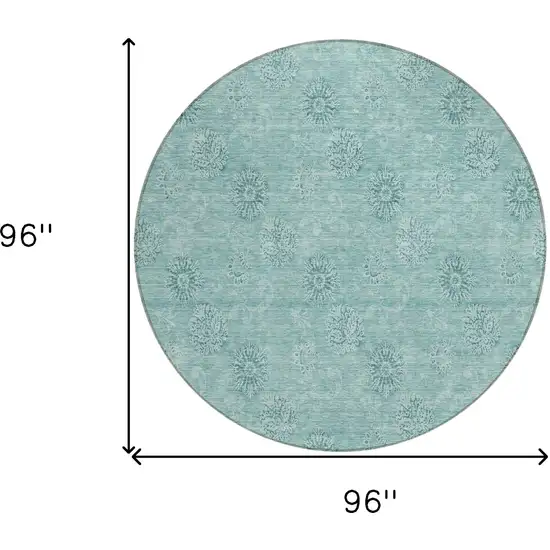 8' Teal Blue And Ivory Round Floral Washable Indoor Outdoor Area Rug Photo 3