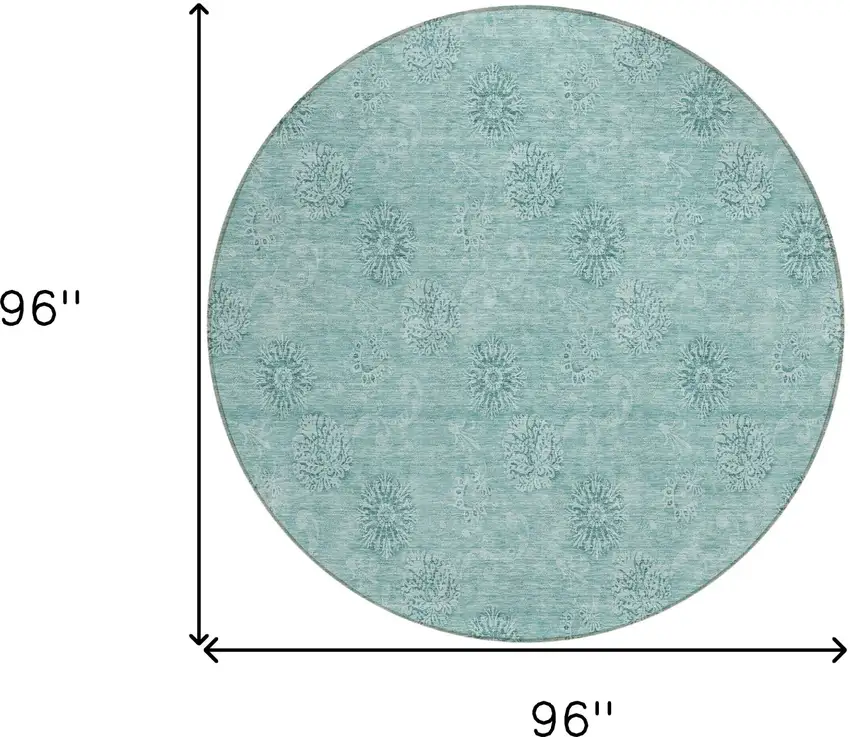 8' Teal Blue And Ivory Round Floral Washable Indoor Outdoor Area Rug Photo 3