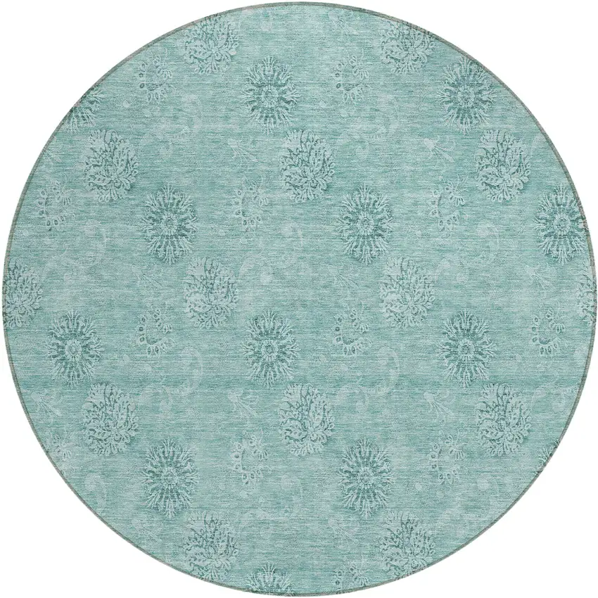 8' Teal Blue And Ivory Round Floral Washable Indoor Outdoor Area Rug Photo 2