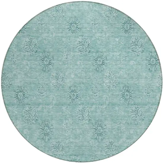 8' Teal Blue And Ivory Round Floral Washable Indoor Outdoor Area Rug Photo 2