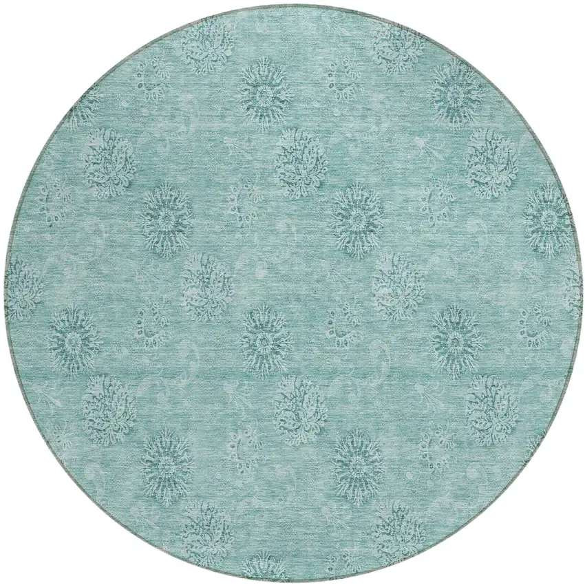 8' Teal Blue And Ivory Round Floral Washable Indoor Outdoor Area Rug Photo 2