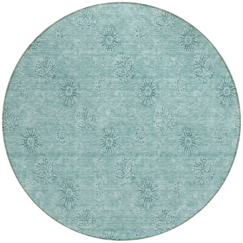 8' Teal Blue And Ivory Round Floral Washable Indoor Outdoor Area Rug Photo 5