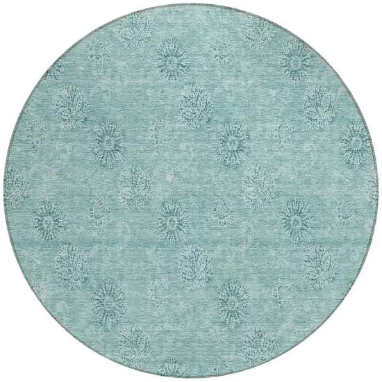 8' Teal Blue And Ivory Round Floral Washable Indoor Outdoor Area Rug Photo 5