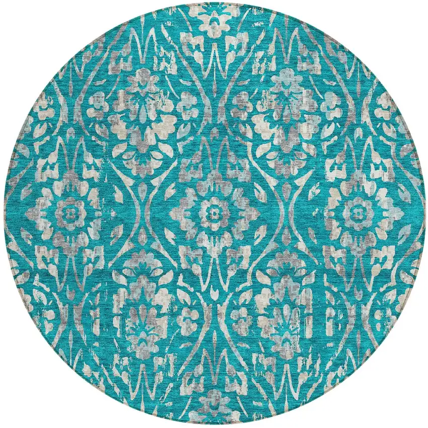 8' Teal Blue And Ivory Round Floral Washable Indoor Outdoor Area Rug Photo 4