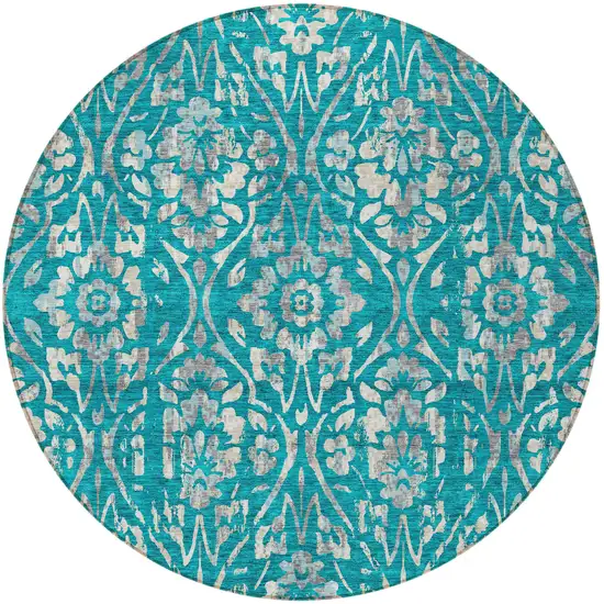8' Teal Blue And Ivory Round Floral Washable Indoor Outdoor Area Rug Photo 5