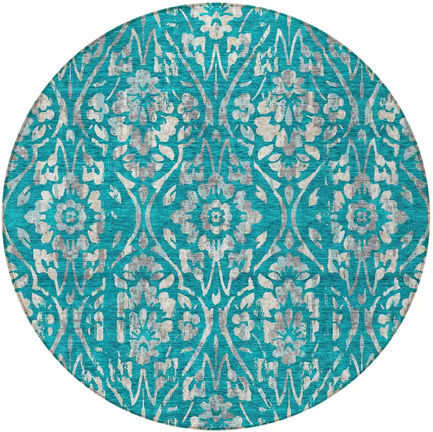 8' Teal Blue And Ivory Round Floral Washable Indoor Outdoor Area Rug Photo 5