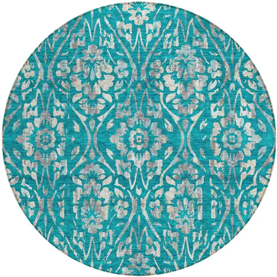 8' Teal Blue And Ivory Round Floral Washable Indoor Outdoor Area Rug Photo 2