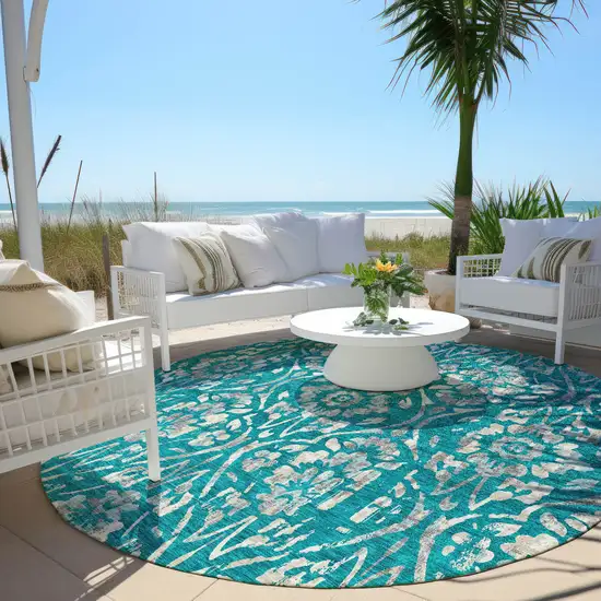 8' Teal Blue And Ivory Round Floral Washable Indoor Outdoor Area Rug Photo 6