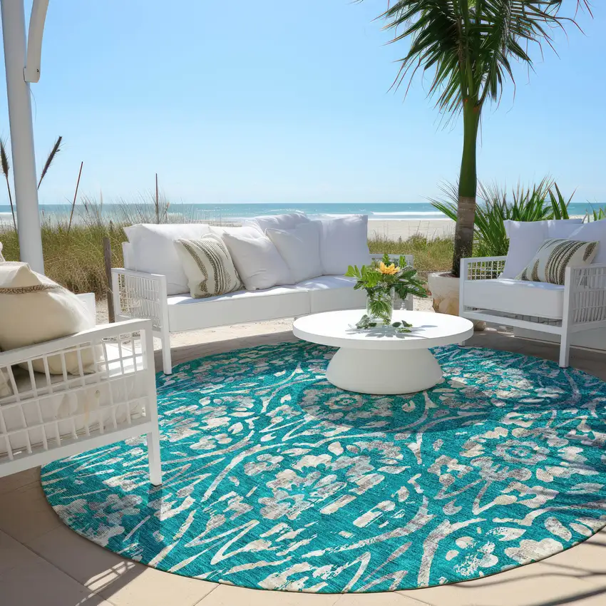 8' Teal Blue And Ivory Round Floral Washable Indoor Outdoor Area Rug Photo 6